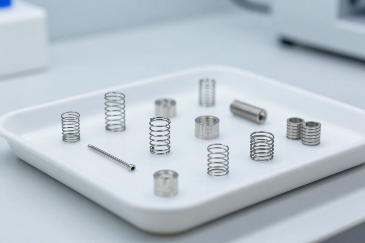Micro-scale precision metal springs on inspection tray in clean room