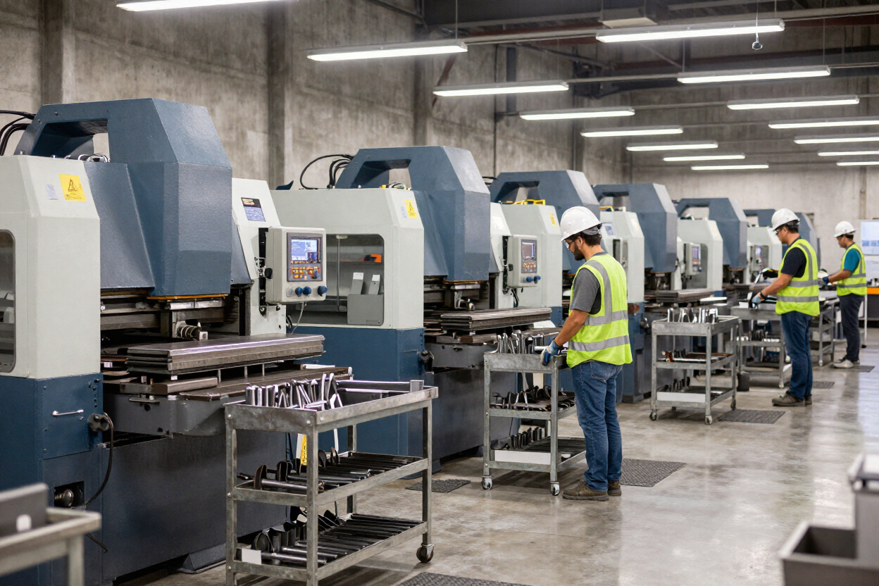 Argo manufacturing facility floor with CNC forming machines and workers