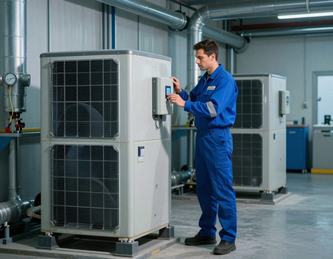 HVAC technician inspecting commercial air handler