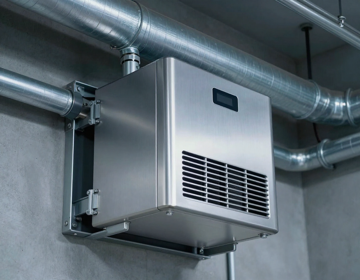 High-efficiency whole-home air purifier mounted inside ductwork in a mechanical room
