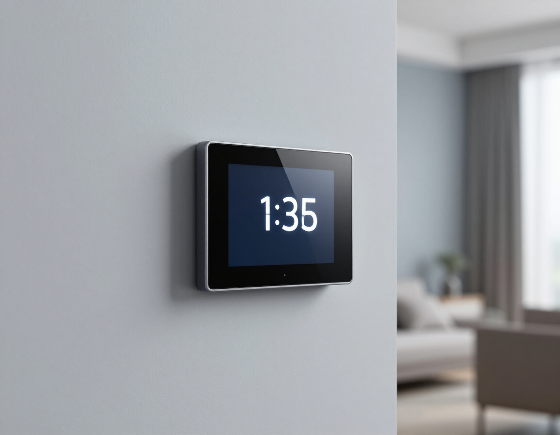 Sleek smart thermostat with touchscreen temperature display on a neutral gray wall