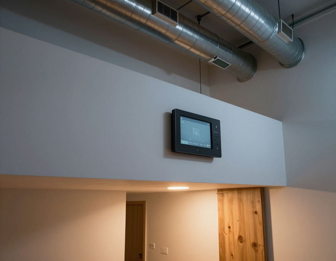 Two-story residential interior with zone controller panel and contrasting warm and cool lighting between floors