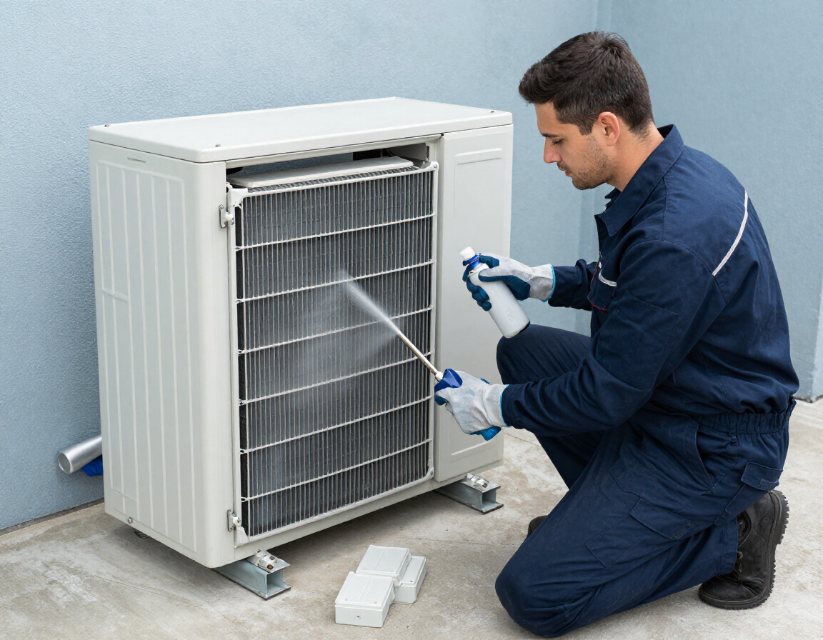 HVAC technician cleaning evaporator coils with professional spray in a utility room