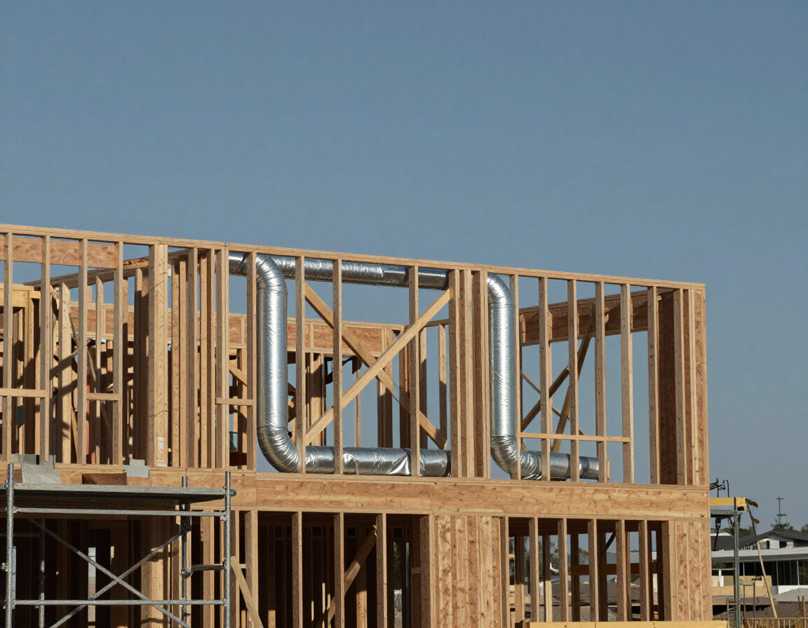 New home construction with HVAC ductwork installation