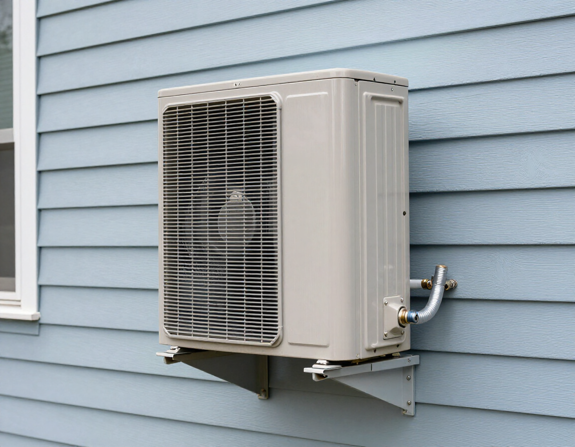 Residential heat pump outdoor unit beside home exterior wall