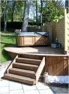 Decked area with a hot tub on top