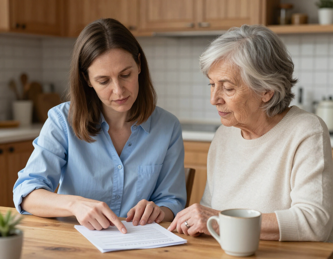 Caregiver and senior reviewing care plan at kitchen table