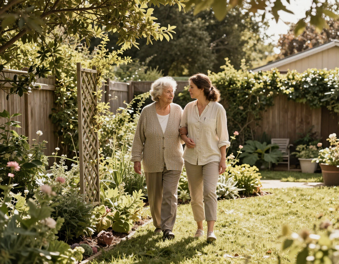 Caregiver walking with elderly woman in garden