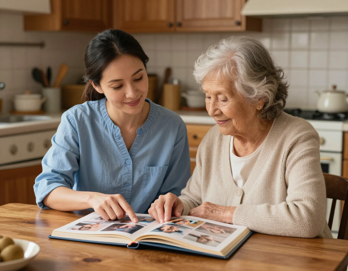 Caregiver assisting elderly person with daily activity