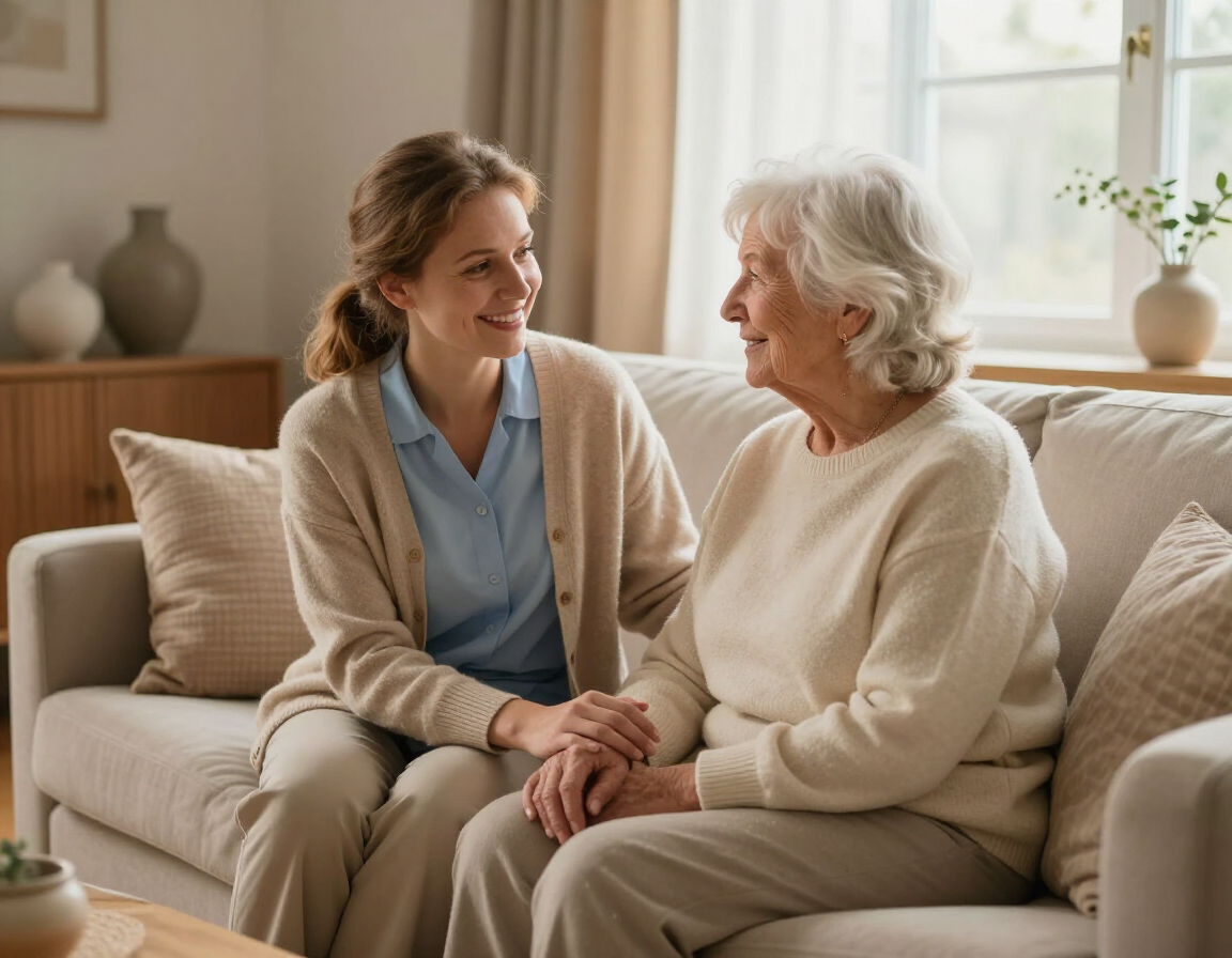 A friendly caregiver smiling with an elderly person indoors in warm natural light