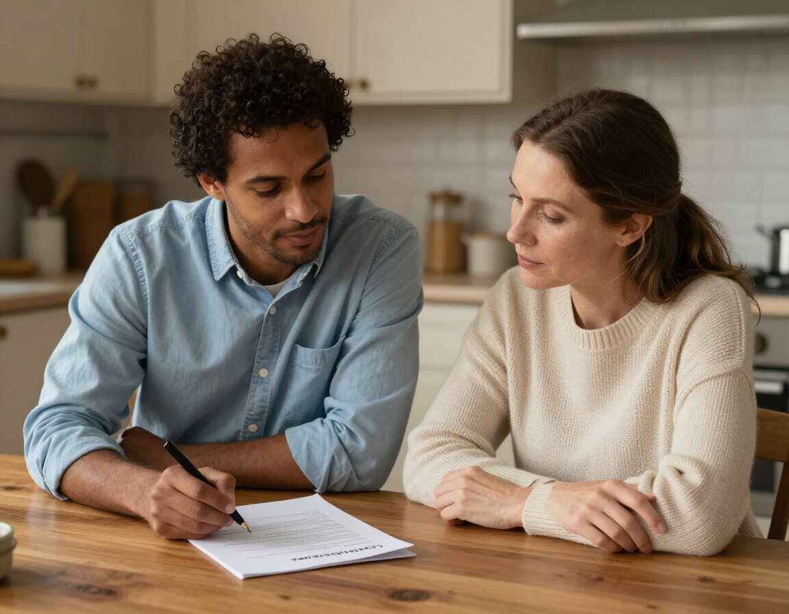 Caregiver and family member reviewing care notes together at a kitchen table