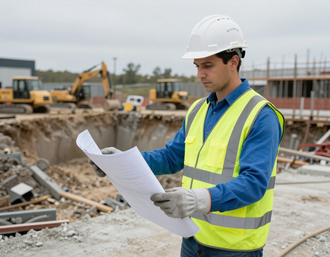 Construction professional reviewing blueprints on site