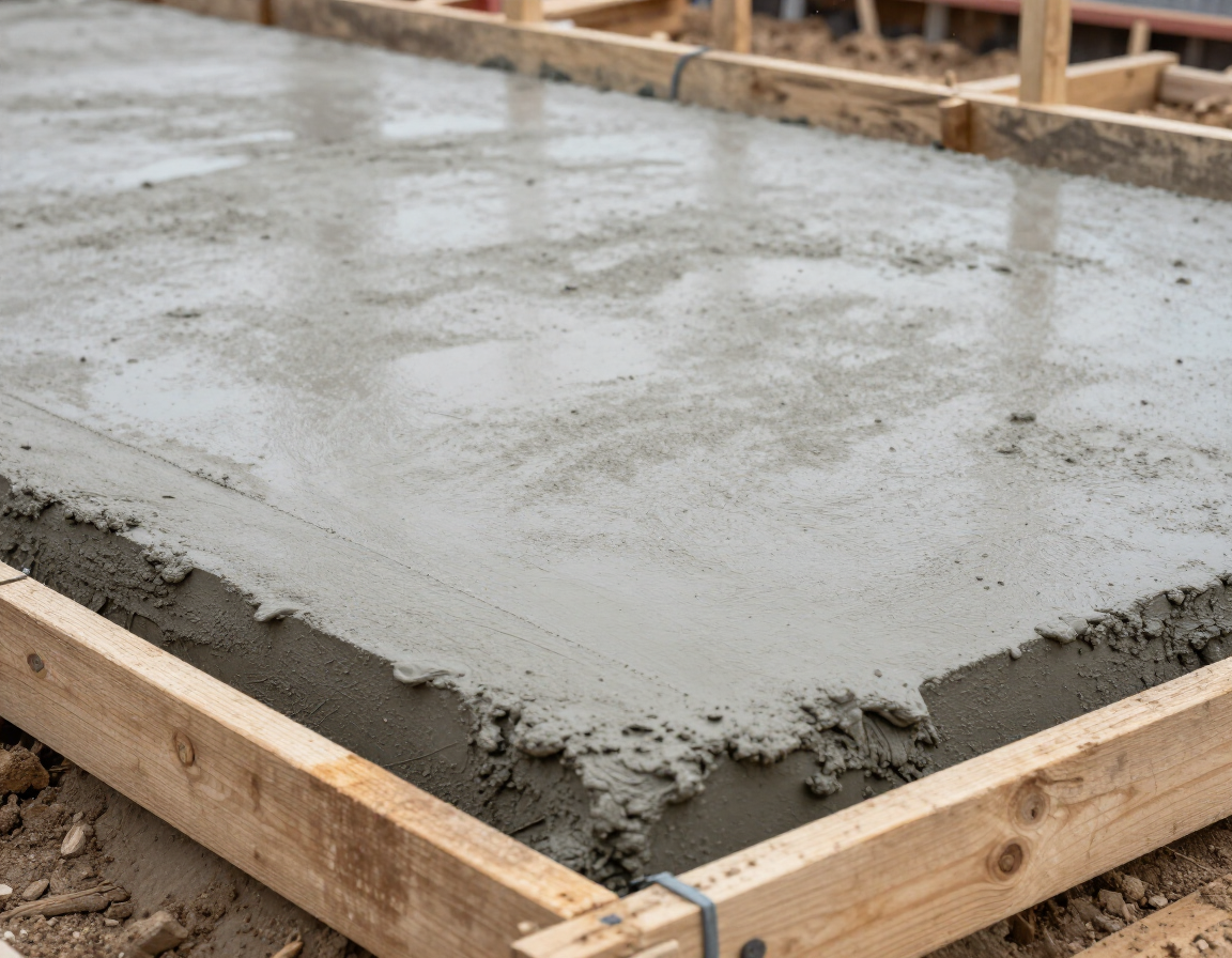 Concrete foundation formwork being set at a construction site