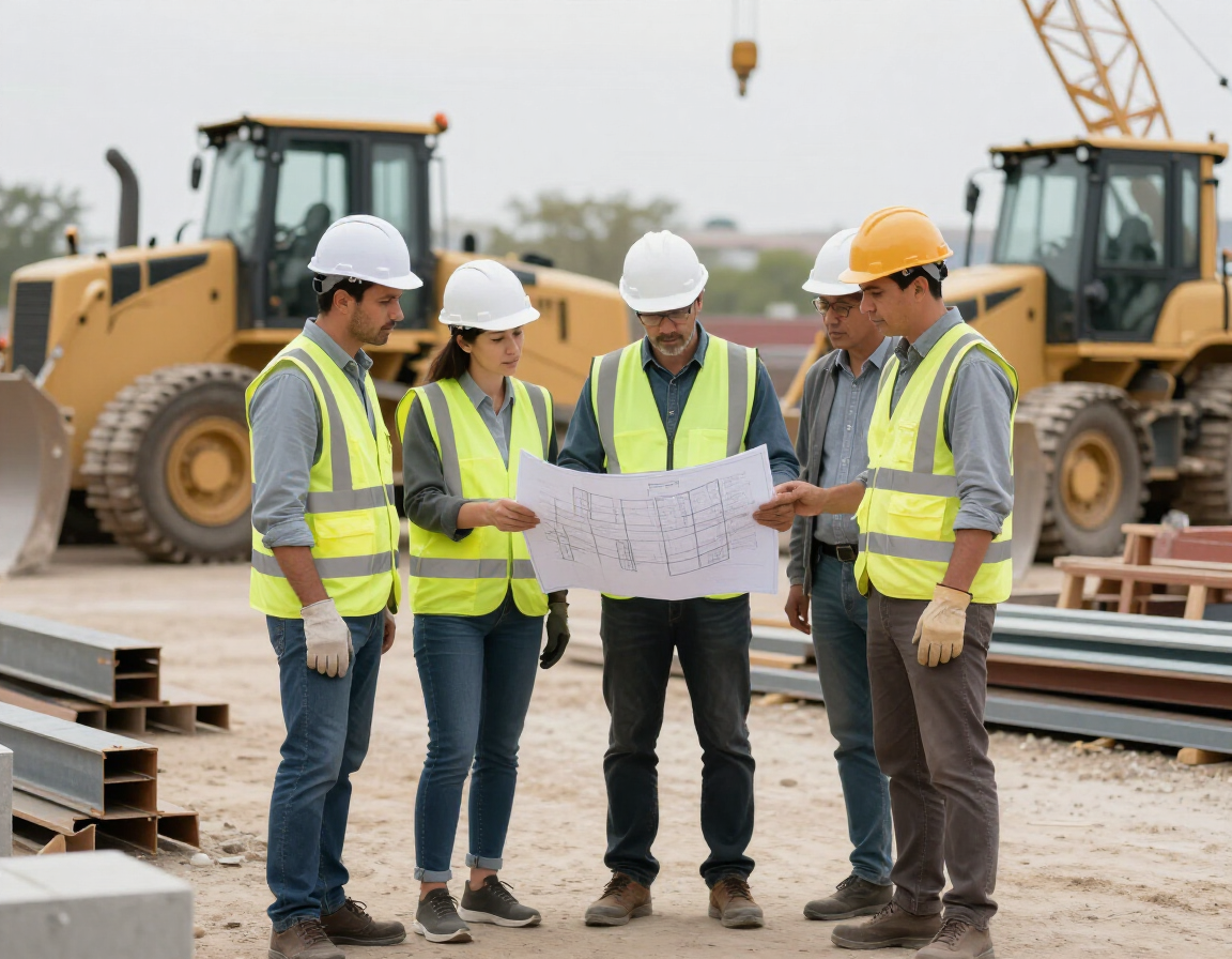 Construction project manager reviewing plans on site with crew