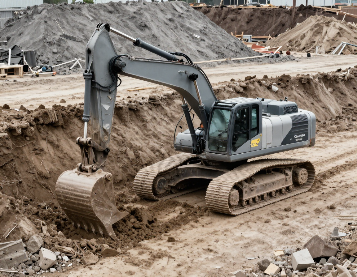 Excavator actively working a construction site grading operation