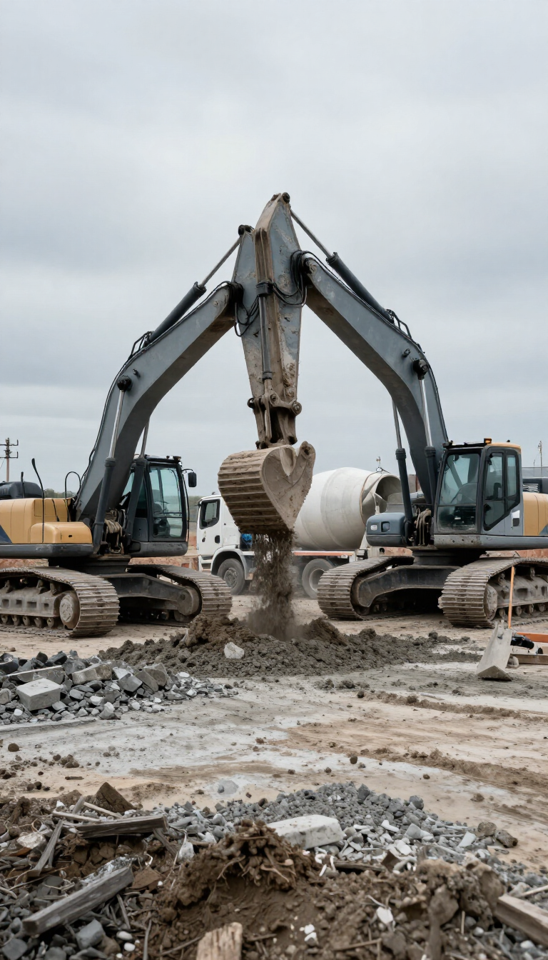 Active construction site with concrete pour and excavation machinery
