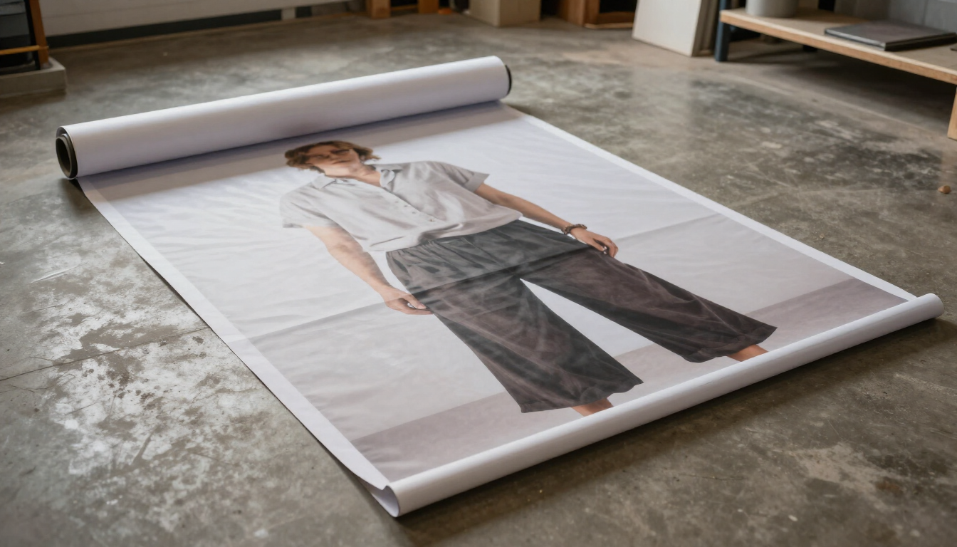 Large-format banner on workshop floor