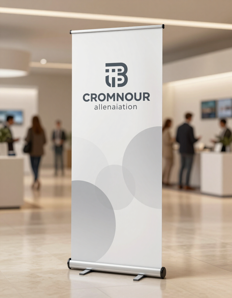 Roll-up display stand at exhibition
