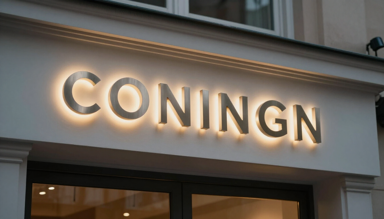 Illuminated channel letter storefront sign at dusk