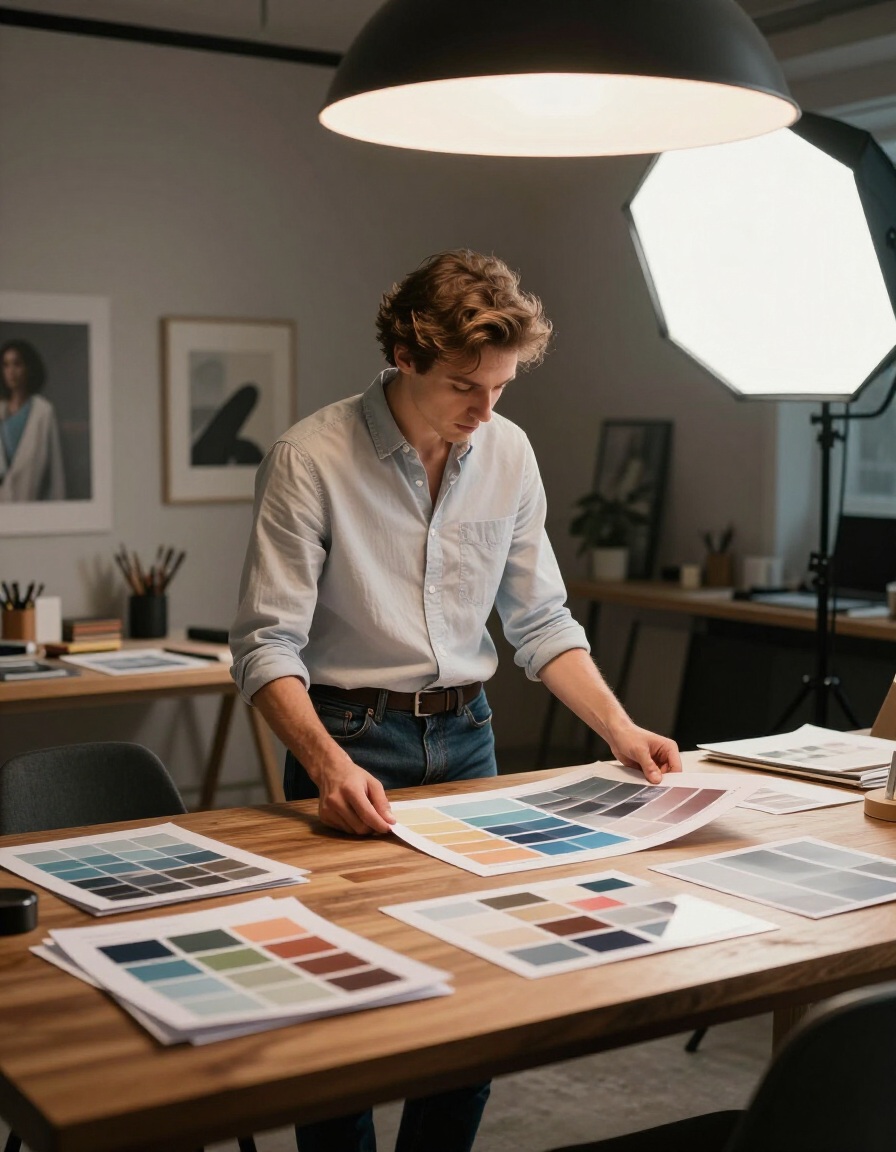 Colors Art team reviewing printed samples in the studio