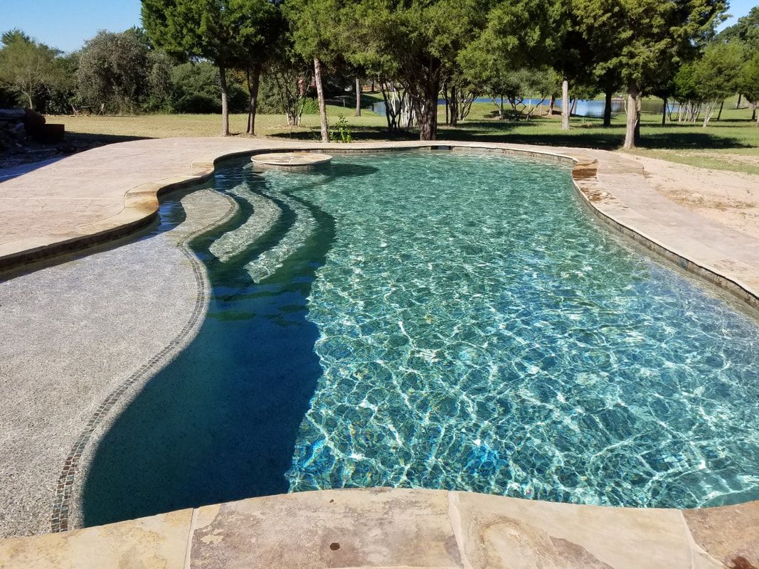 A large swimming pool surrounded by trees on a sunny day.