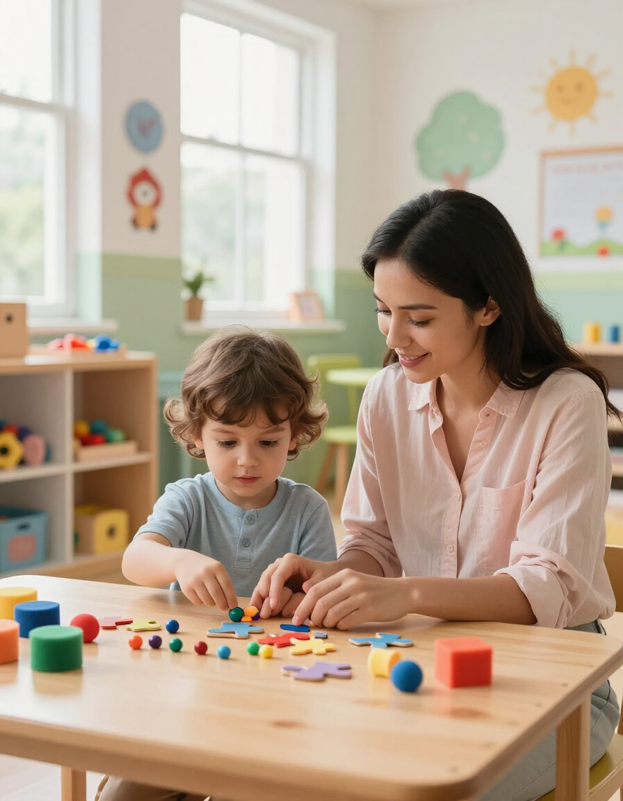 Child working on fine motor skills with support