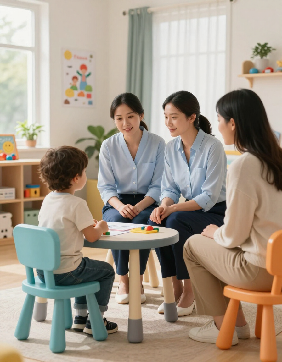Pediatric therapist meeting with a child and parent
