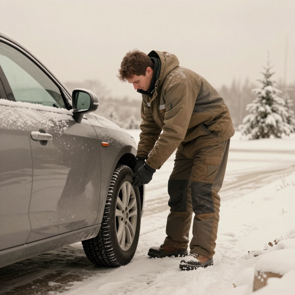Technician inspecting vehicle in winter conditions