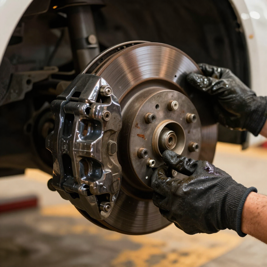 Technician inspecting brake rotor and caliper