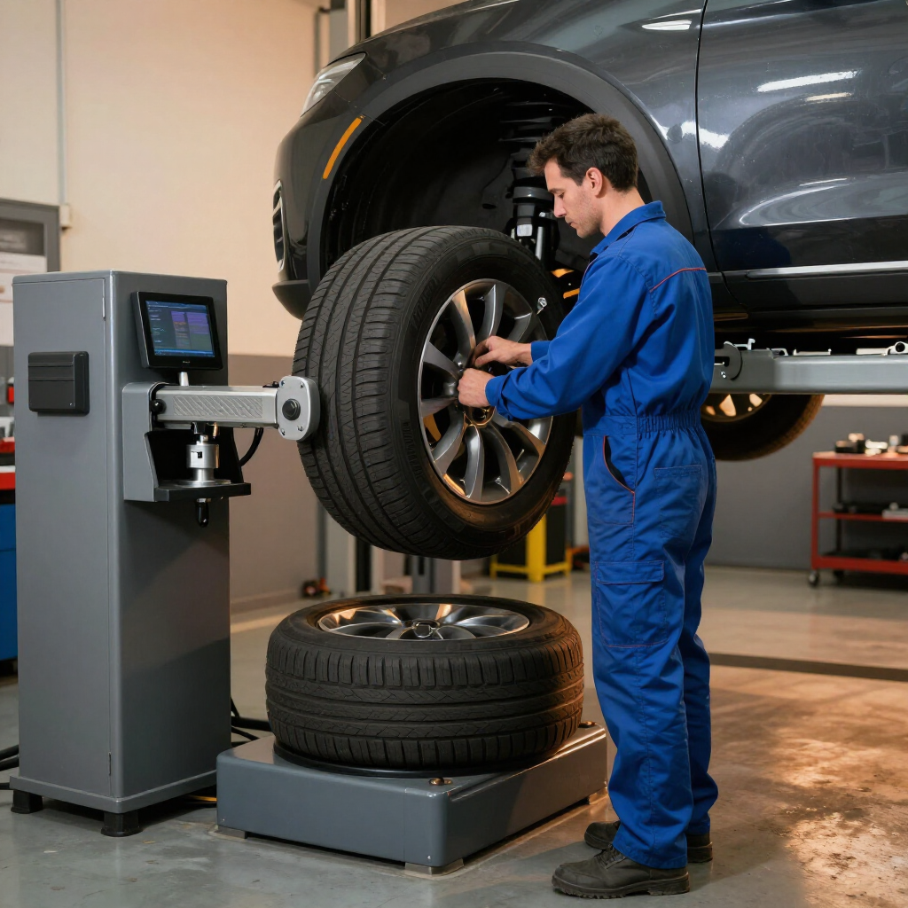 Technician mounting tire on balancing machine