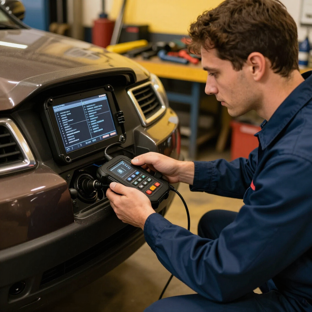 Technician connecting diagnostic scanner to vehicle