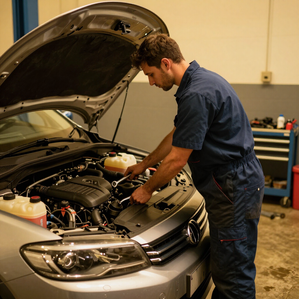 Technician performing oil change and fluid check
