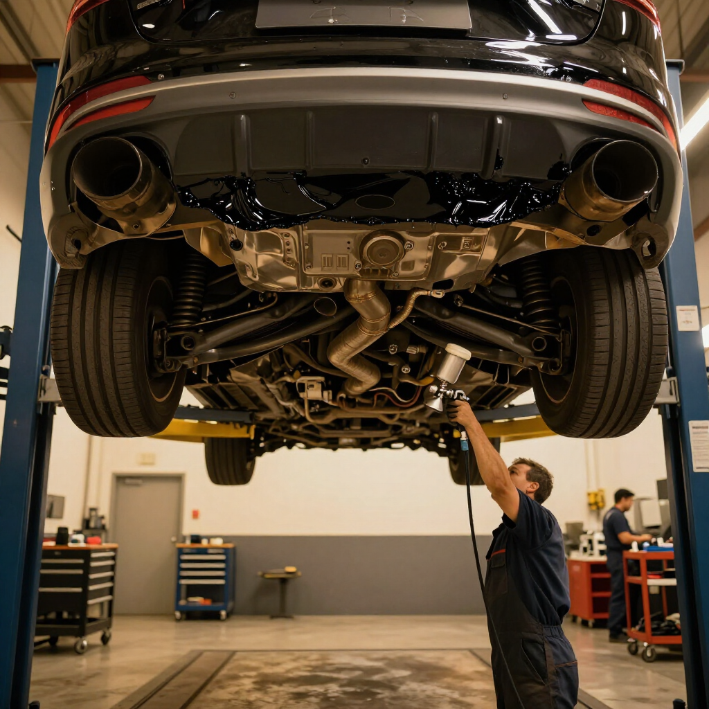 Vehicle undercarriage receiving rust protection treatment
