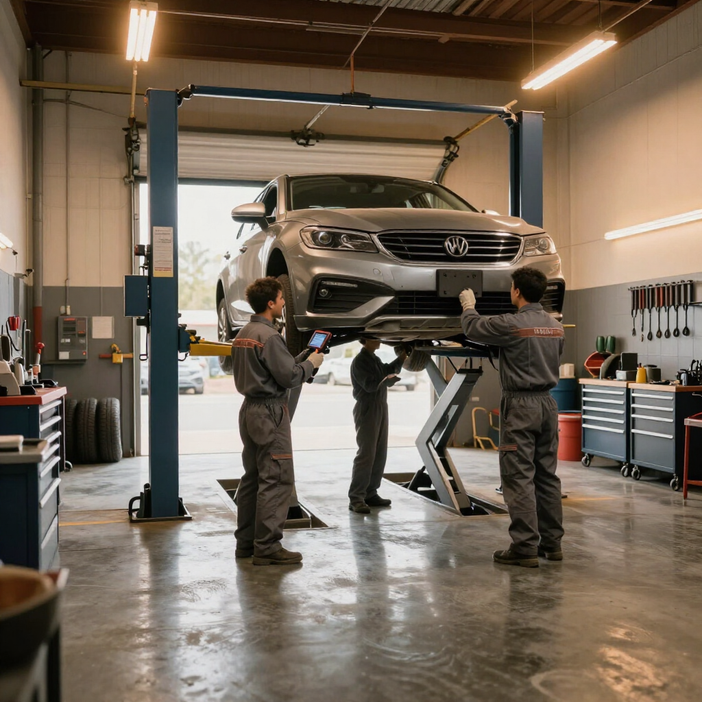 J and S shop floor with vehicle on lift and technicians