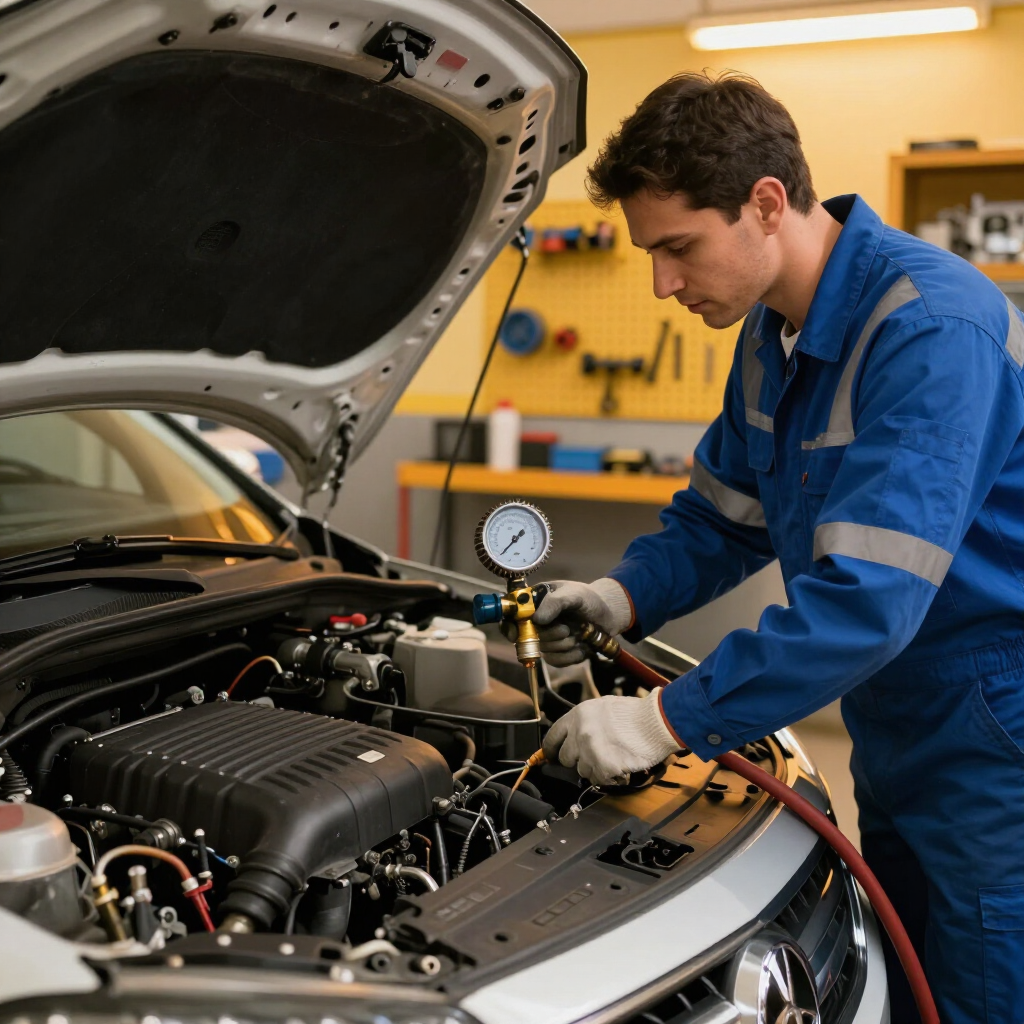Technician servicing vehicle AC system
