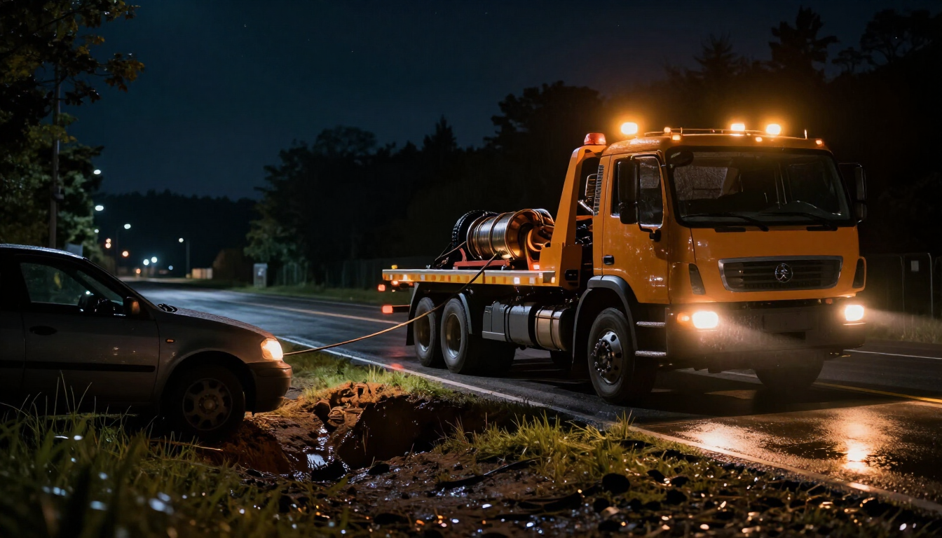 Tow truck winch-out pulling vehicle from ditch at night
