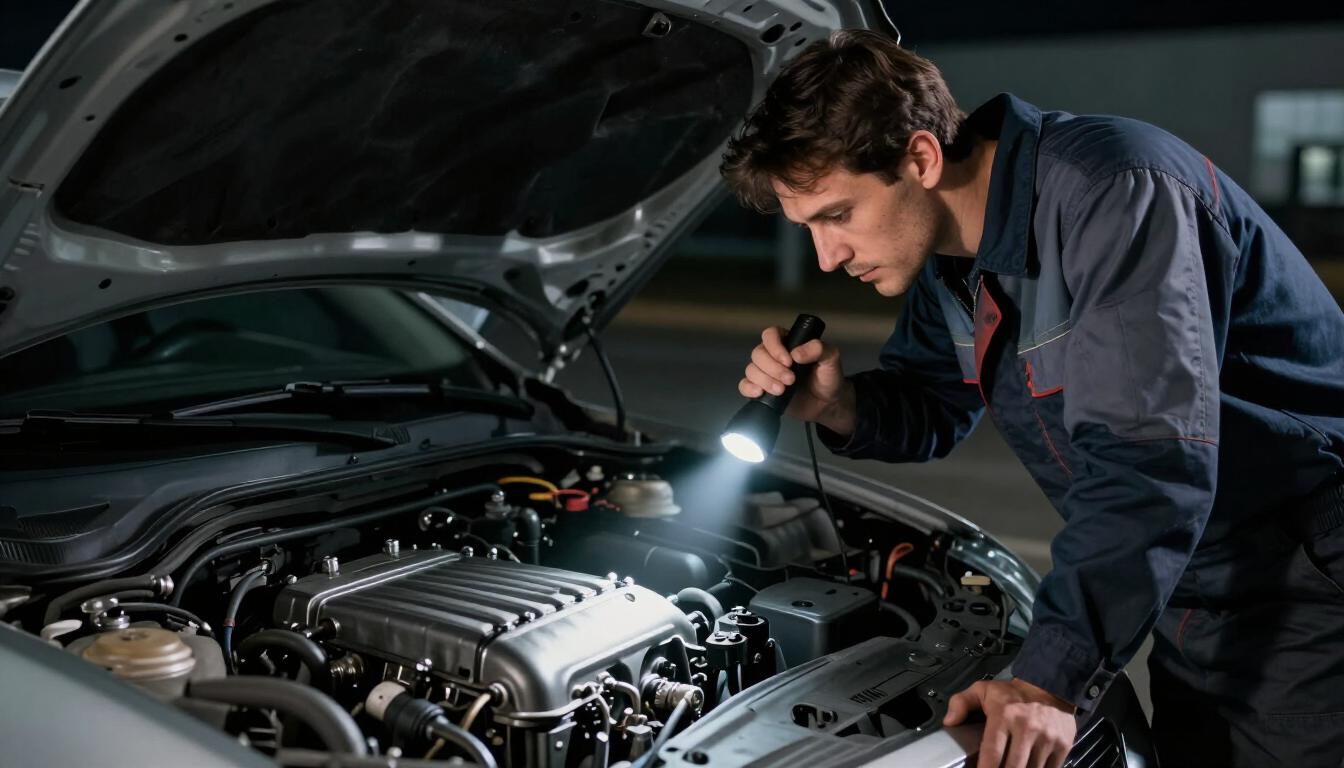Driver inspecting car engine under raised hood at night with flashlight