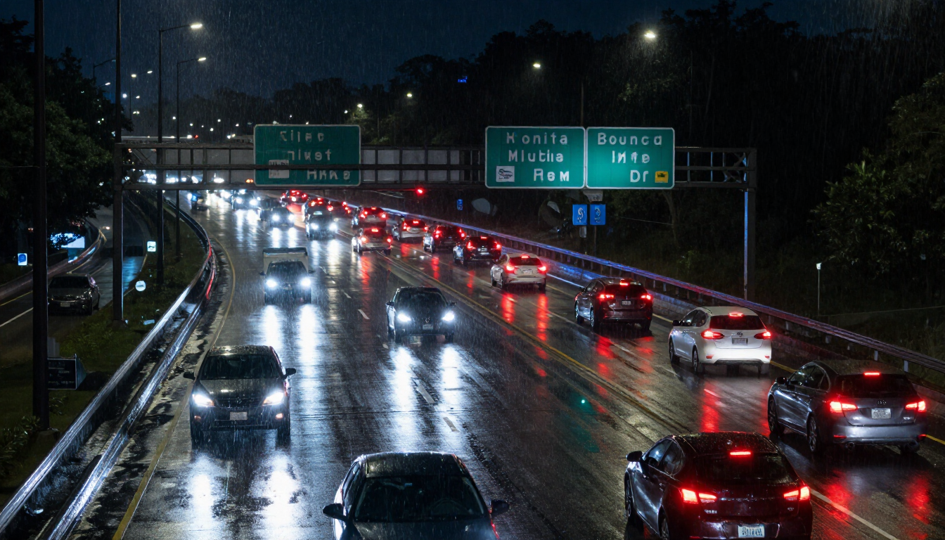 Rain-slicked Houston expressway at night with streaking headlights and tail lights