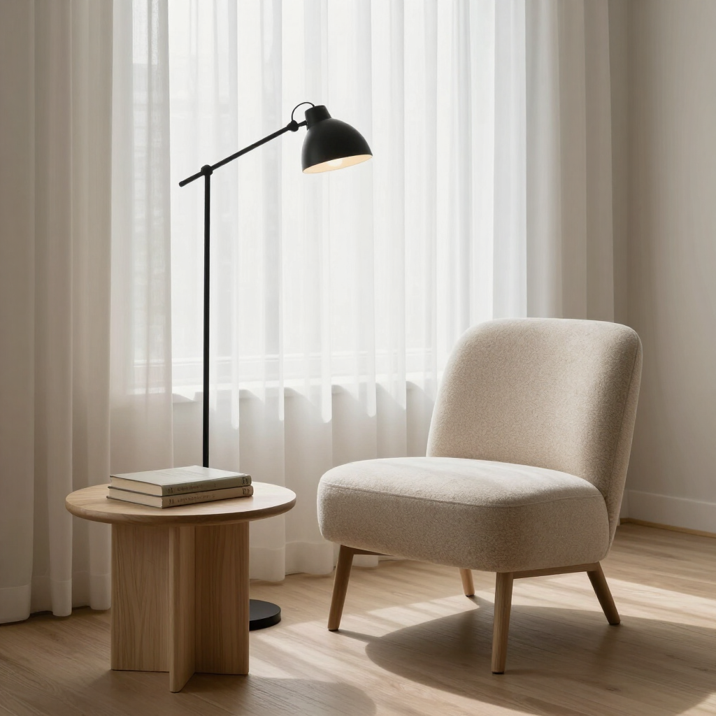 Vasastan Light Study reading nook with boucle armchair