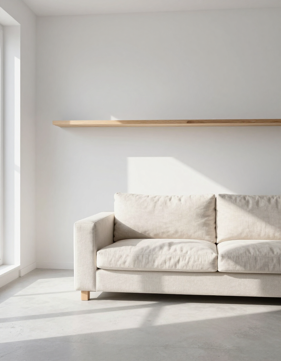 &Ouml;stermalm Studio Flat interior with pale oak joinery and linen sofa