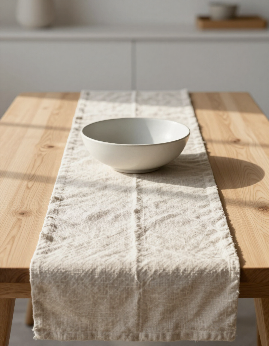 White oak dining table with linen runner and ceramic bowl