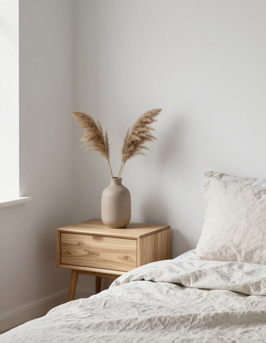 Bedroom corner with linen bedding and pampas stem