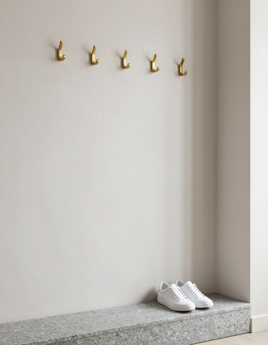 Entryway with pale plaster walls and brass coat hooks