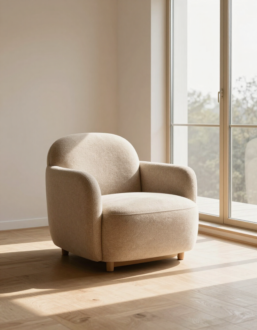 Reading chair beside floor-to-ceiling window with shadow grid