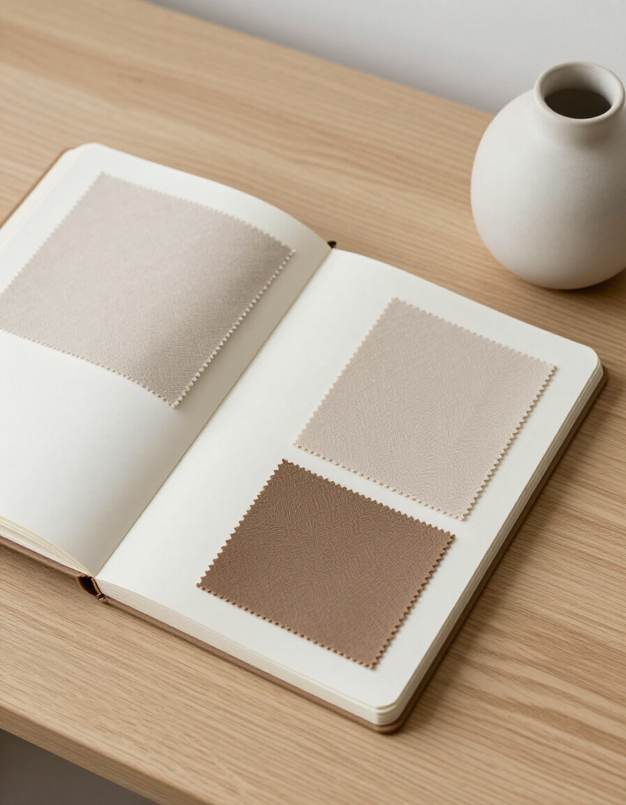 Studio workspace with sketchbook, fabric swatches, and material samples