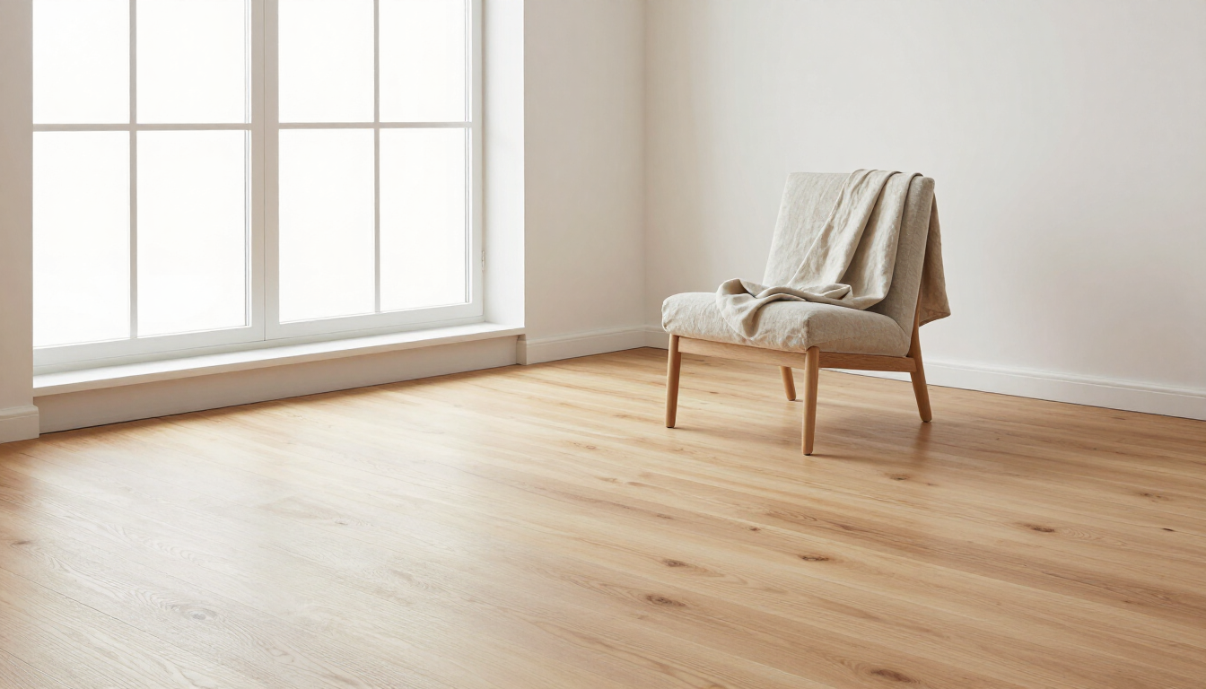 Bright Nordic living room with soft daylight streaming through a large window