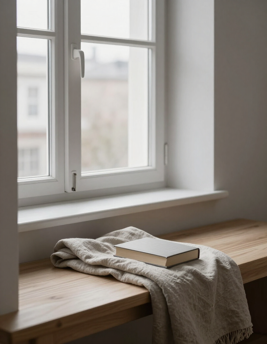 Scandinavian reading nook with window bench, folded linen blanket, and a hardback book