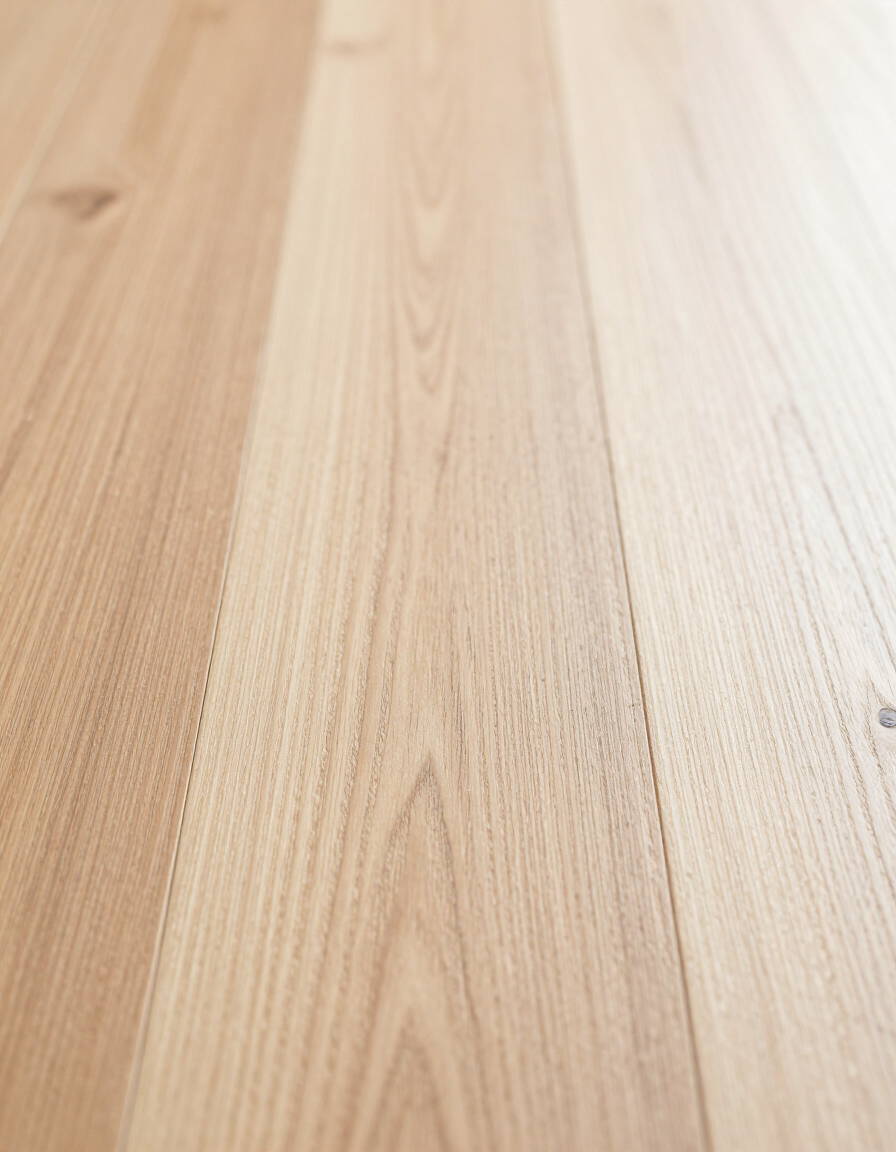 Close-up of light oak plank grain in warm ambient light