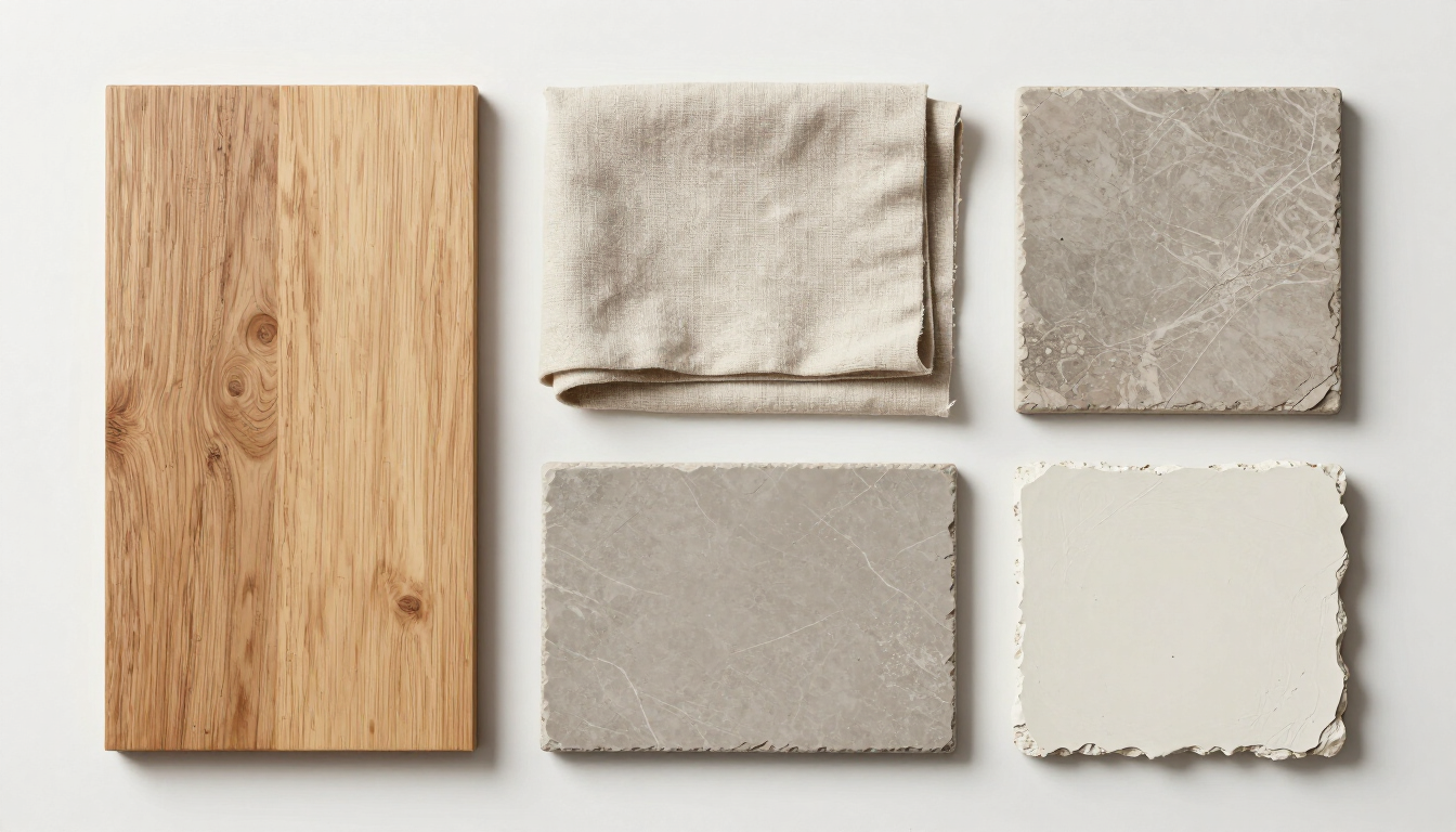 Aerial flat-lay of material swatches: light oak, linen, matte stone, and warm white plaster