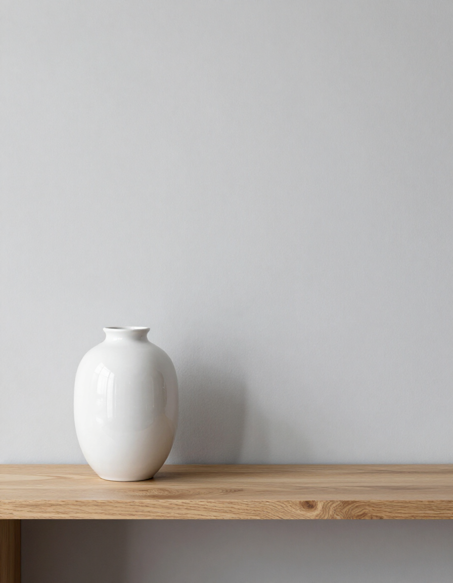 Nordic living room corner with single ceramic vase on a low shelf, vast empty wall above
